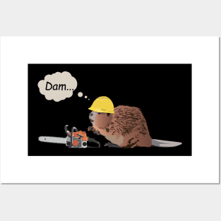 Brown Beaver with Chainsaw and Safety Helmet Posters and Art